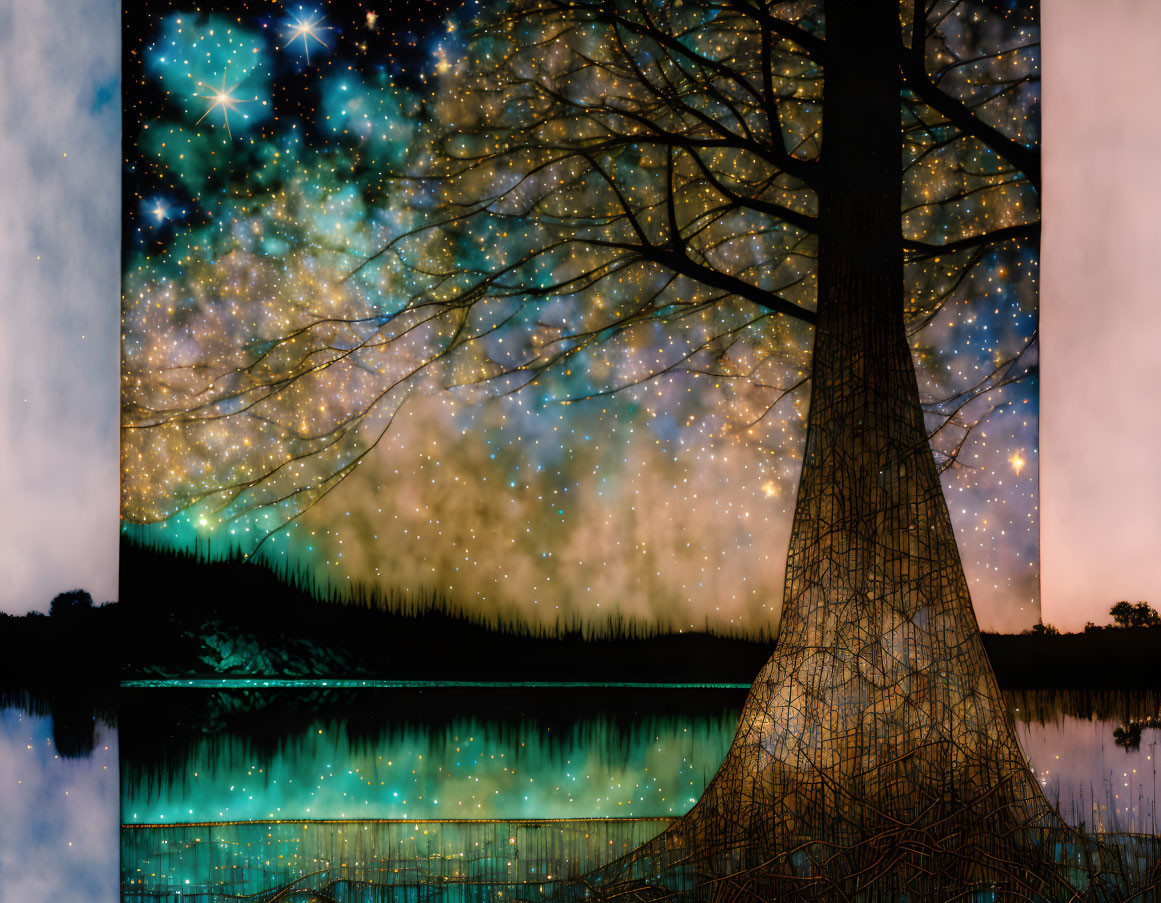 Starry Night Sky Silhouette: Serene Lake Reflections