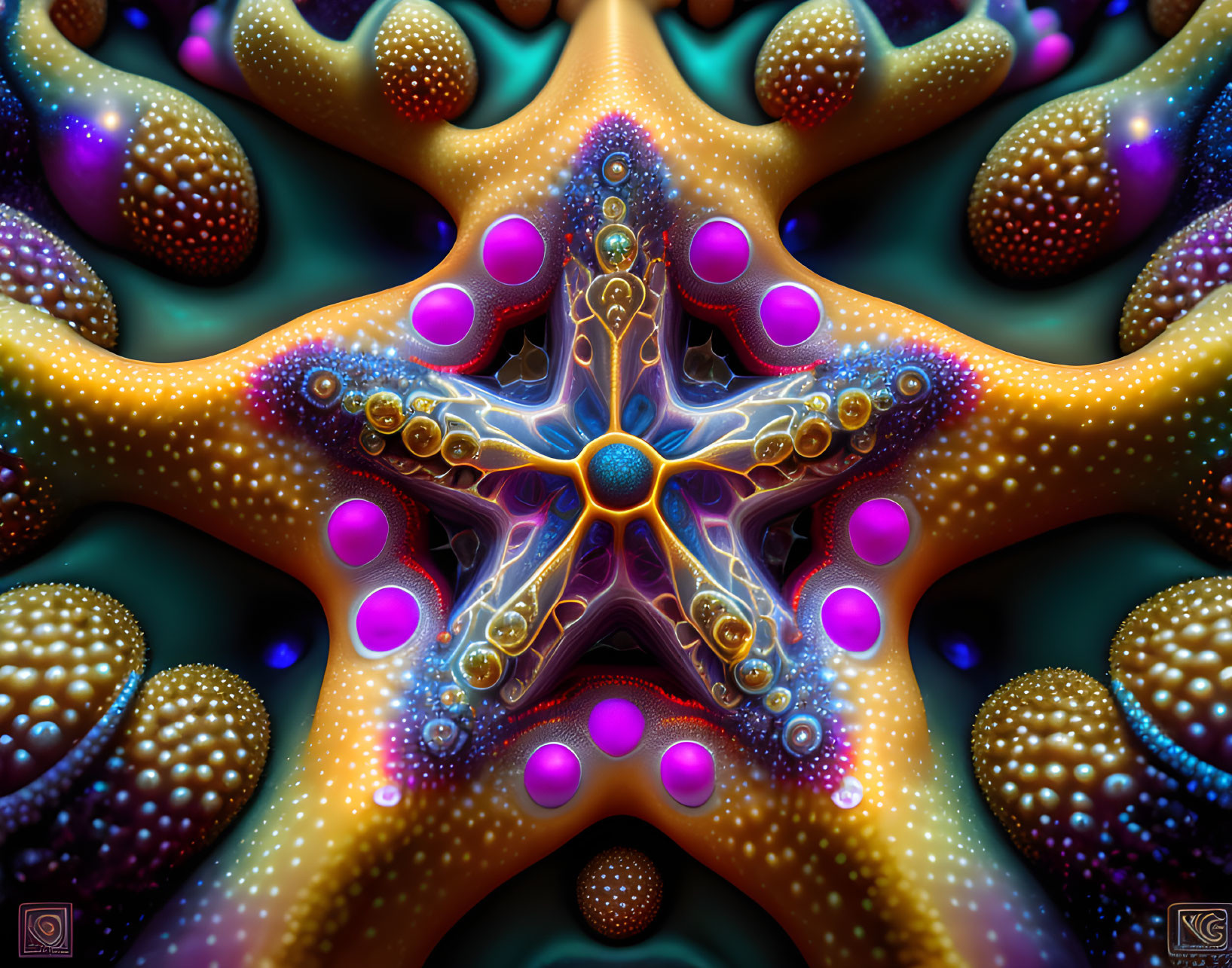 Colorful fractal art: Star-like structure with intricate blue, purple, and gold patterns