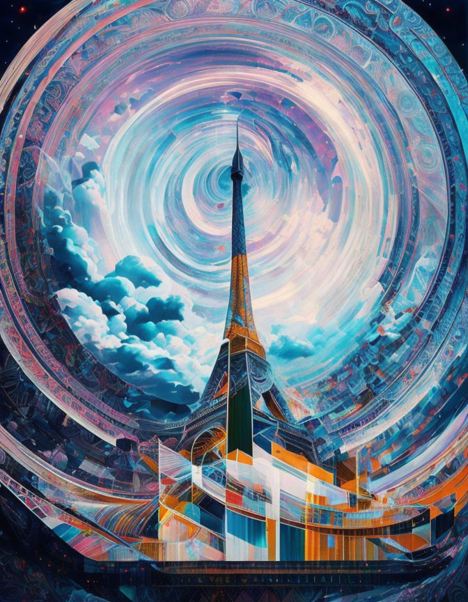 Vibrant Eiffel Tower art with galaxy and futuristic elements