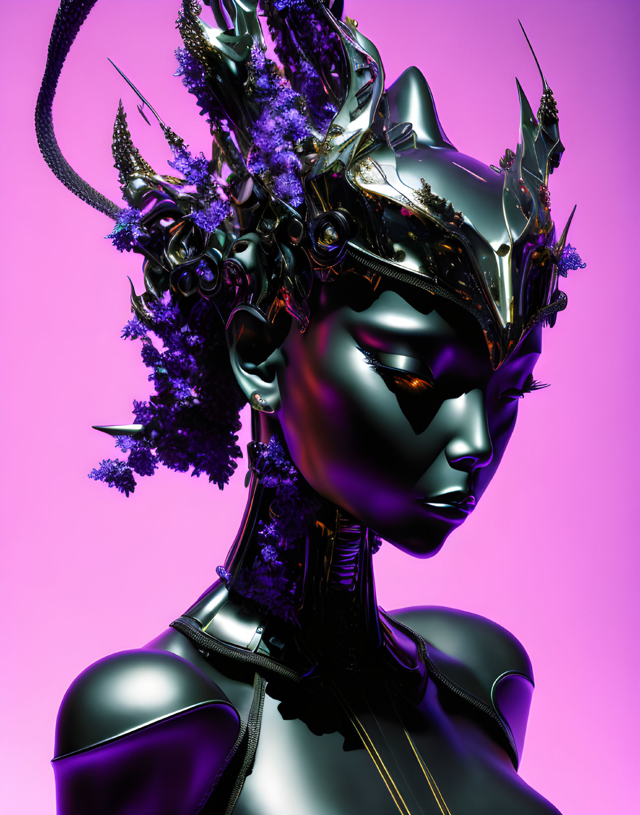 Detailed Digital Art: Humanoid with Black Skin & Golden Headgear on Purple Background