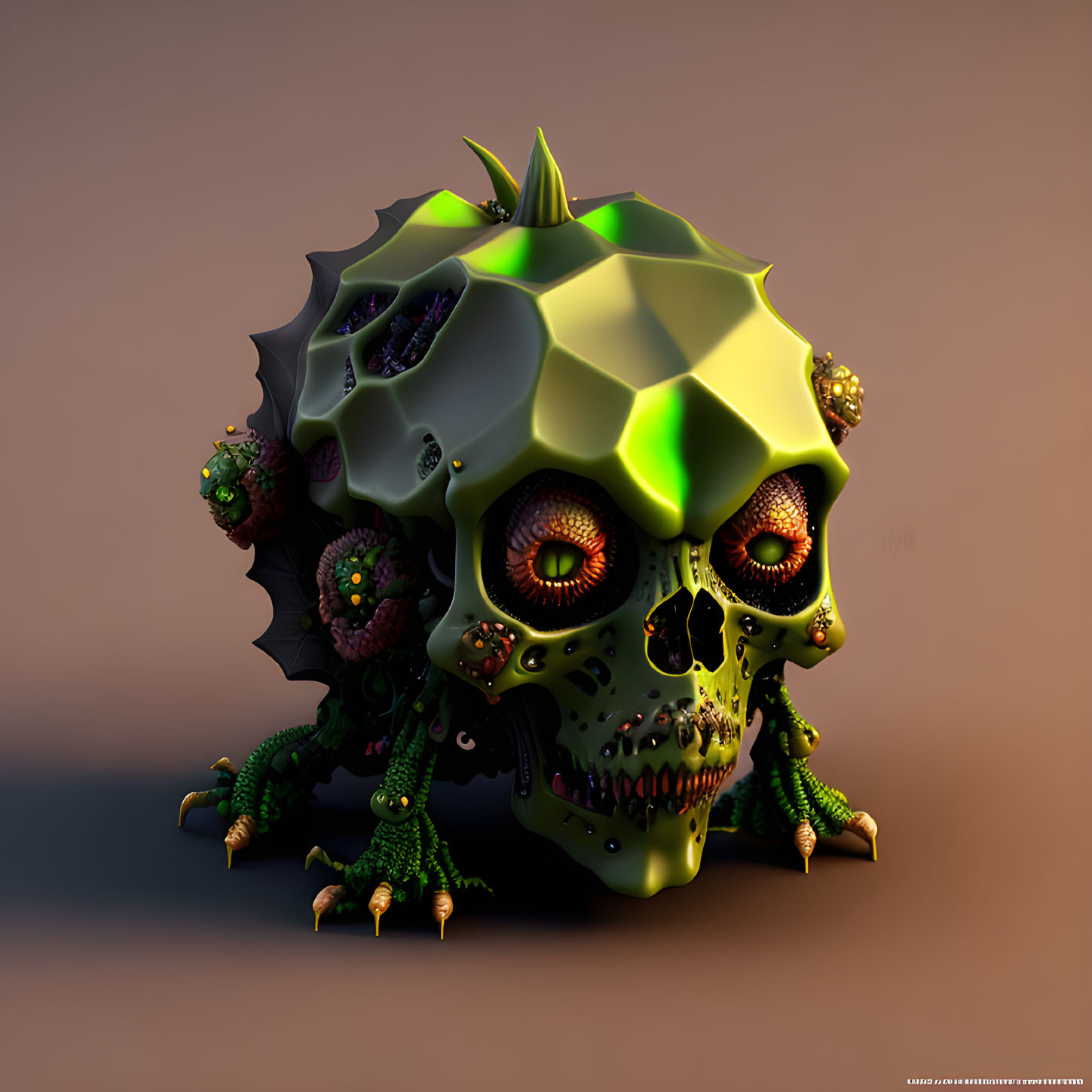 Stylized mechanized skull with eyes, gears, and organic textures in green and gold.