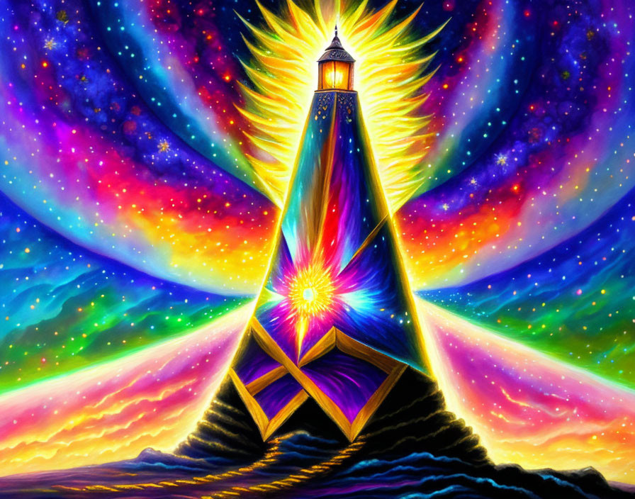 Colorful Psychedelic Artwork: Lantern on Pyramid Under Starry Sky