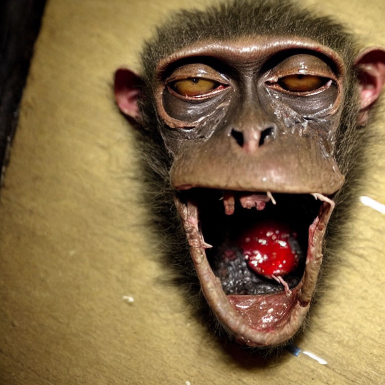 Monkey's face with open mouth and red object on tongue