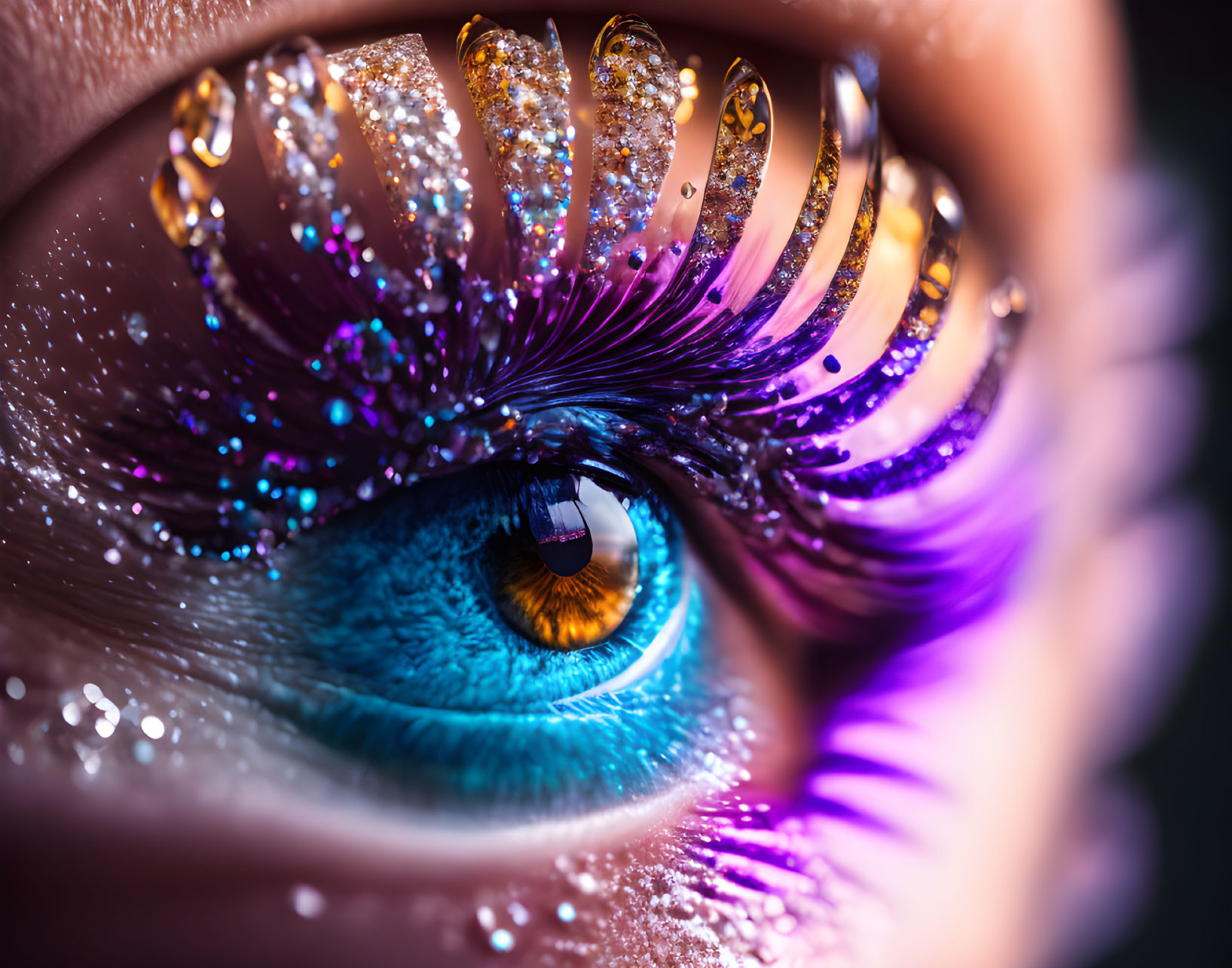 Blue Eye with Purple and Gold Glitter Eyelashes in Close-up Shot