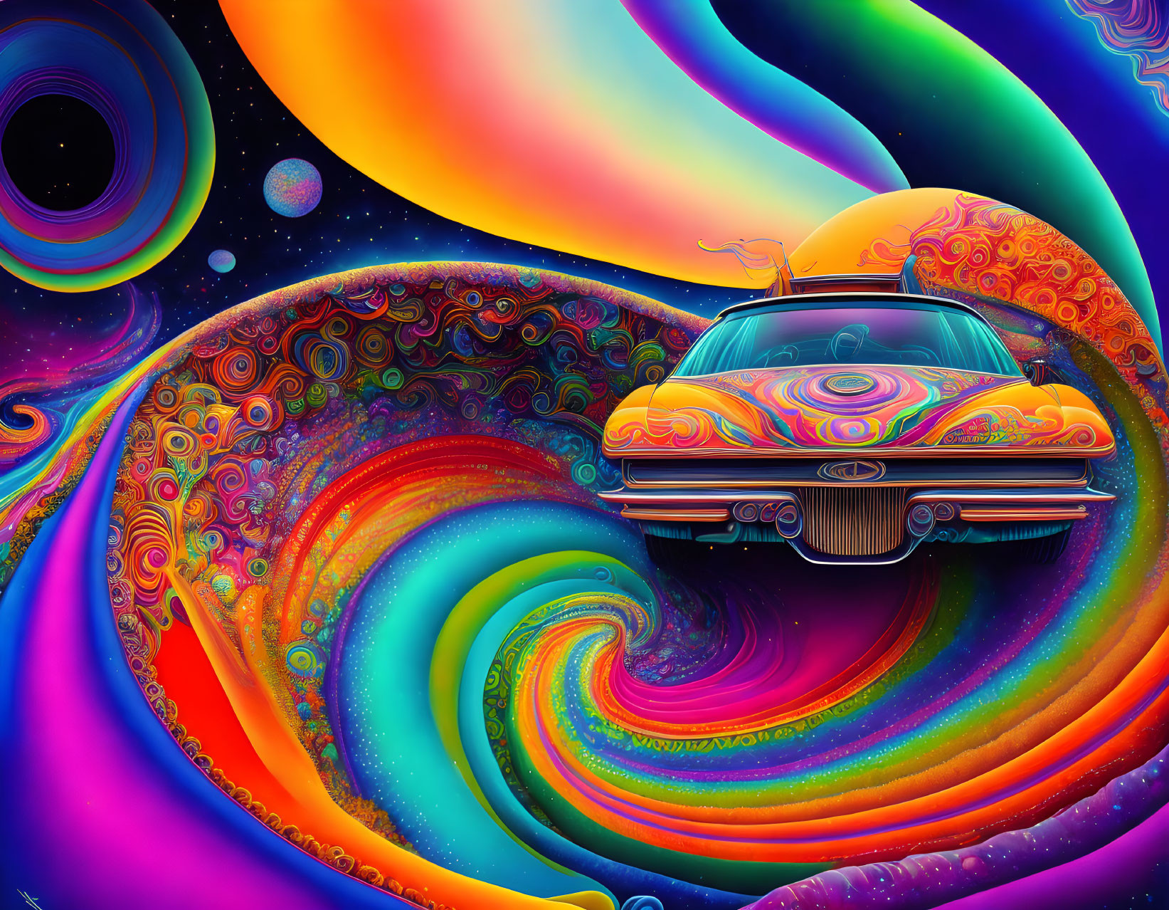 Colorful Psychedelic Classic Car Surfing Wave Illustration