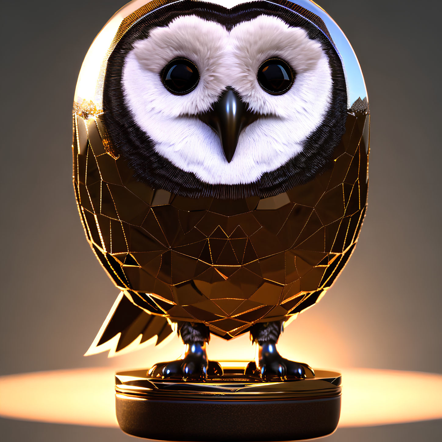 Gold and Black Geometric Owl Figurine on Stand Against Warm Backdrop