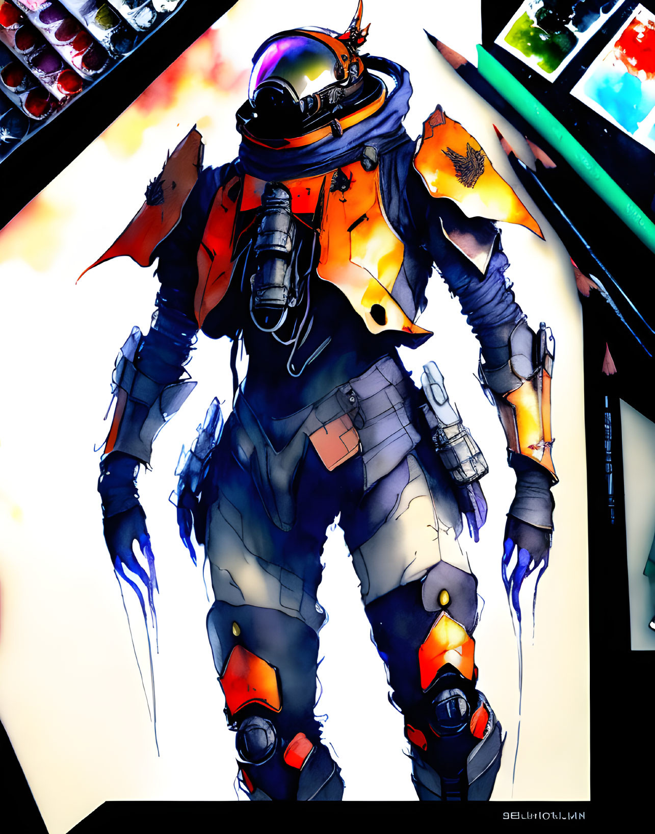 Futuristic astronaut in orange and black suit among art supplies