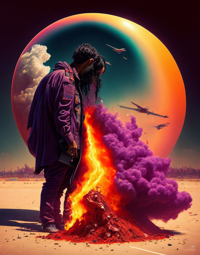 Person in decorated jacket in surreal landscape with moon, rainbow, birds, jets, and volcanic eruption