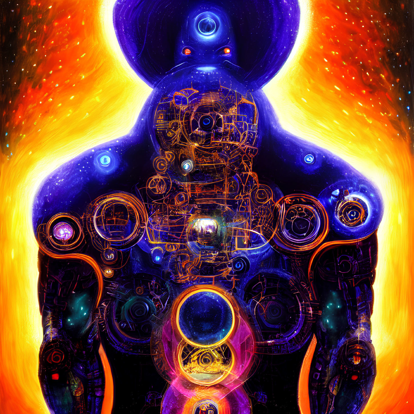 Colorful abstract humanoid figure with mechanical details on fiery backdrop