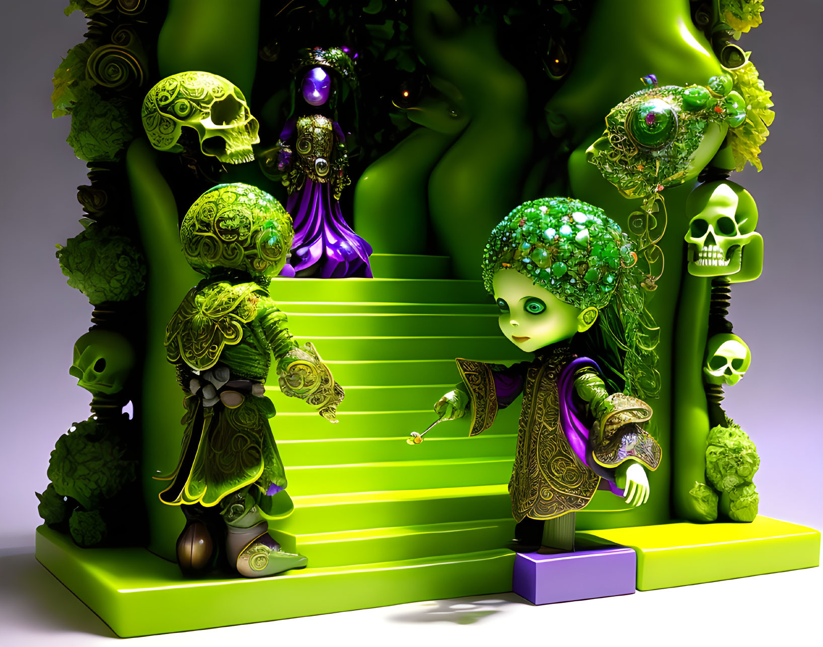 Colorful 3D illustration of green-skinned characters with skull motifs on luminous green stairs against