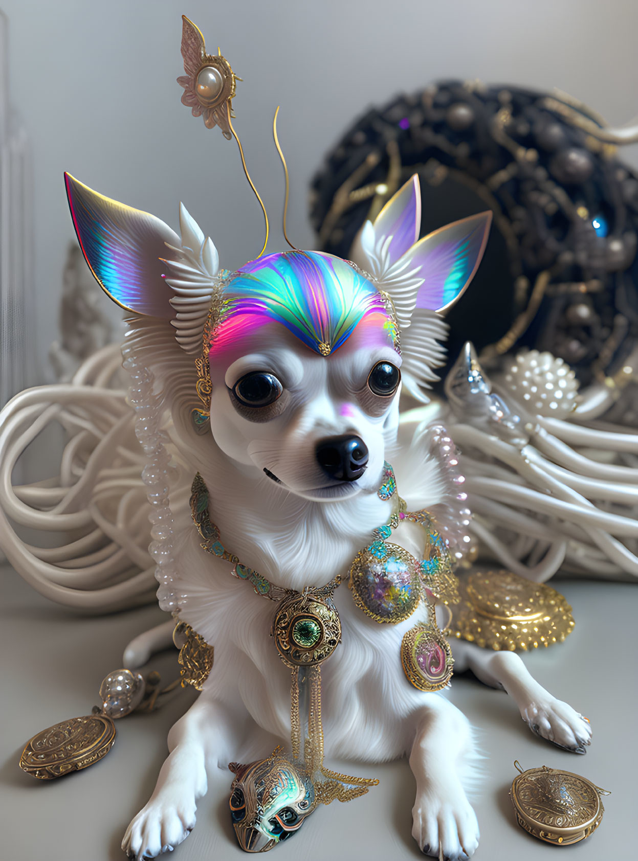 Whimsical white dog digital artwork with colorful, iridescent ears and ornate jewelry