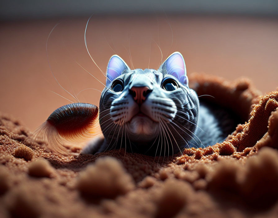 Curious Cat Peeking Through Hole in Brown Blanket