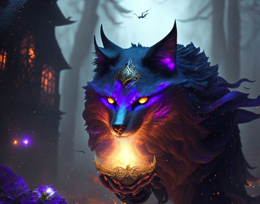 Mystical blue wolf with glowing purple eyes and luminous orb in magical forest