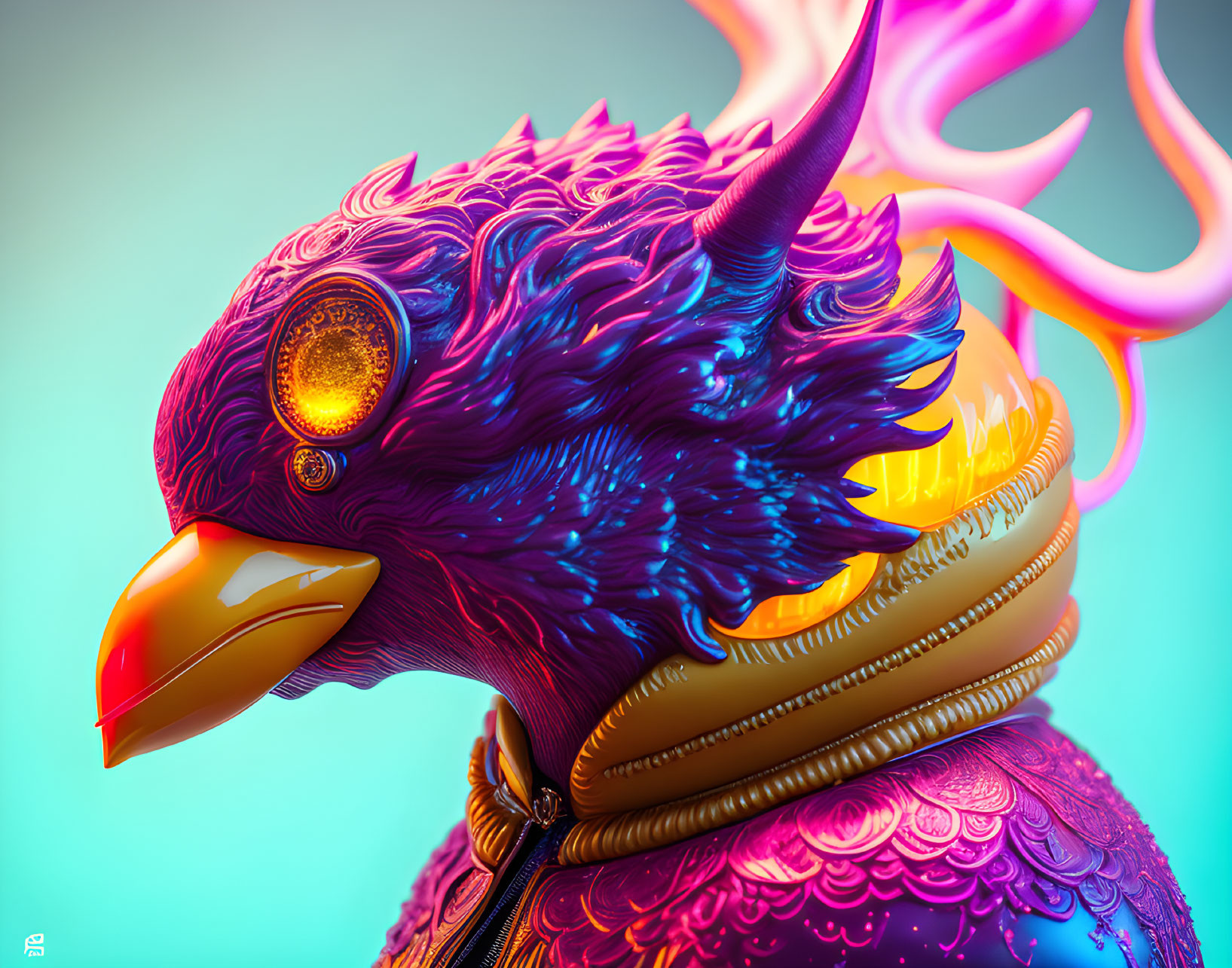 Mythical bird digital art: purple feathers, golden armor, fiery crest