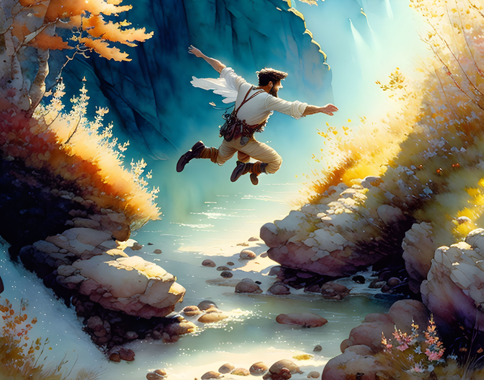 Person leaping with backpack over rocky cliffs in autumn scenery.