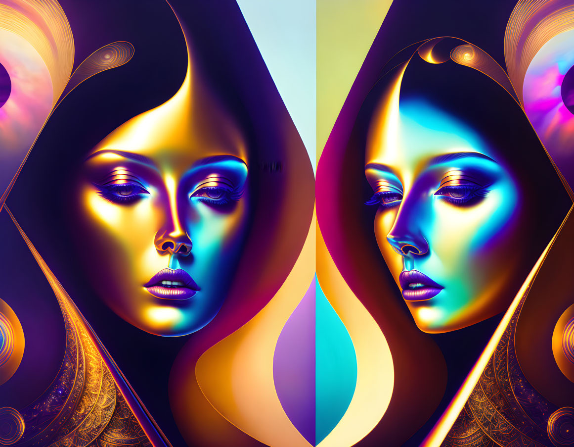 Colorful digital artwork: Symmetrical female faces with vibrant skin tones on abstract background.