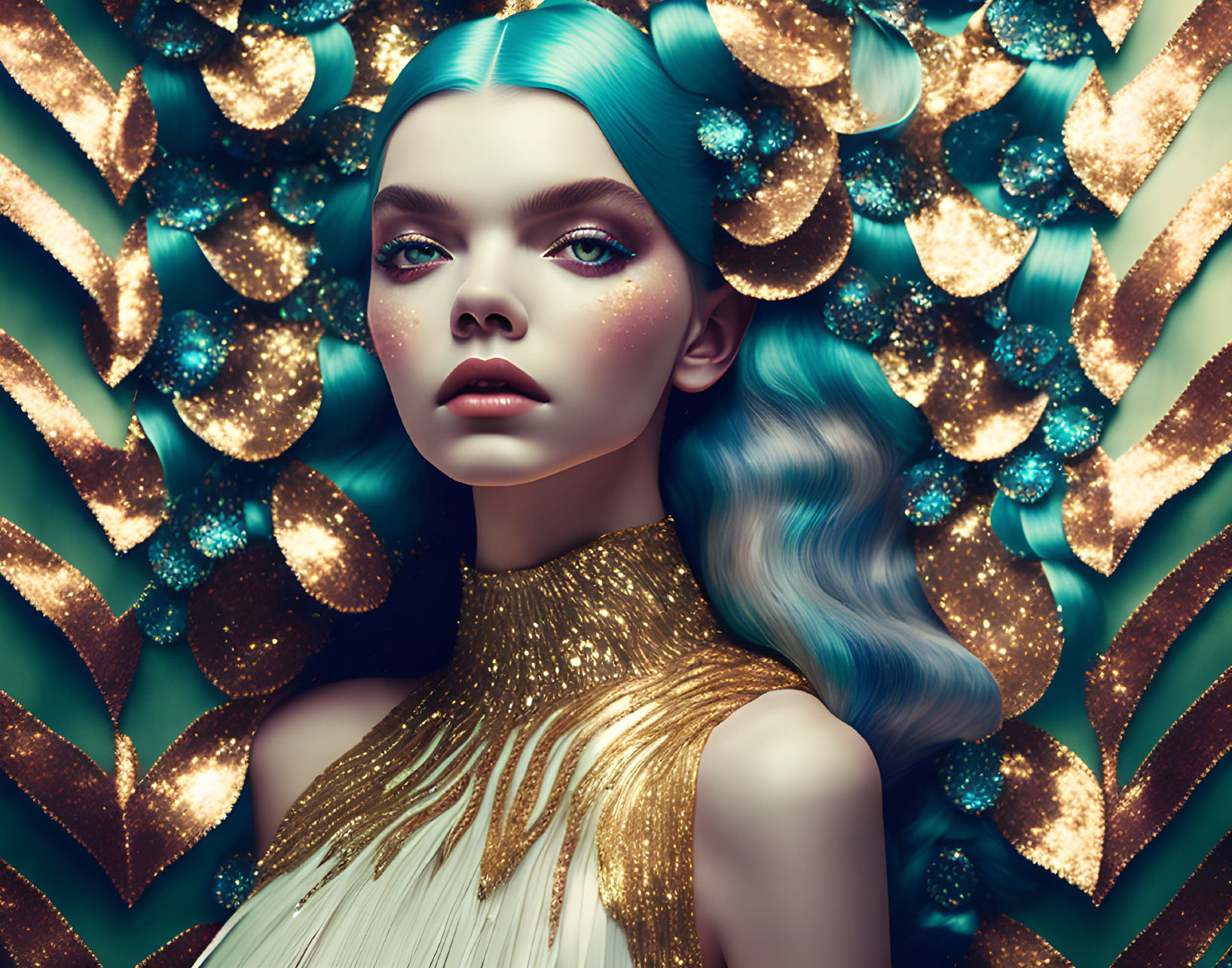 Portrait of Woman with Blue Hair and Striking Makeup in Golden Glittering Foliage