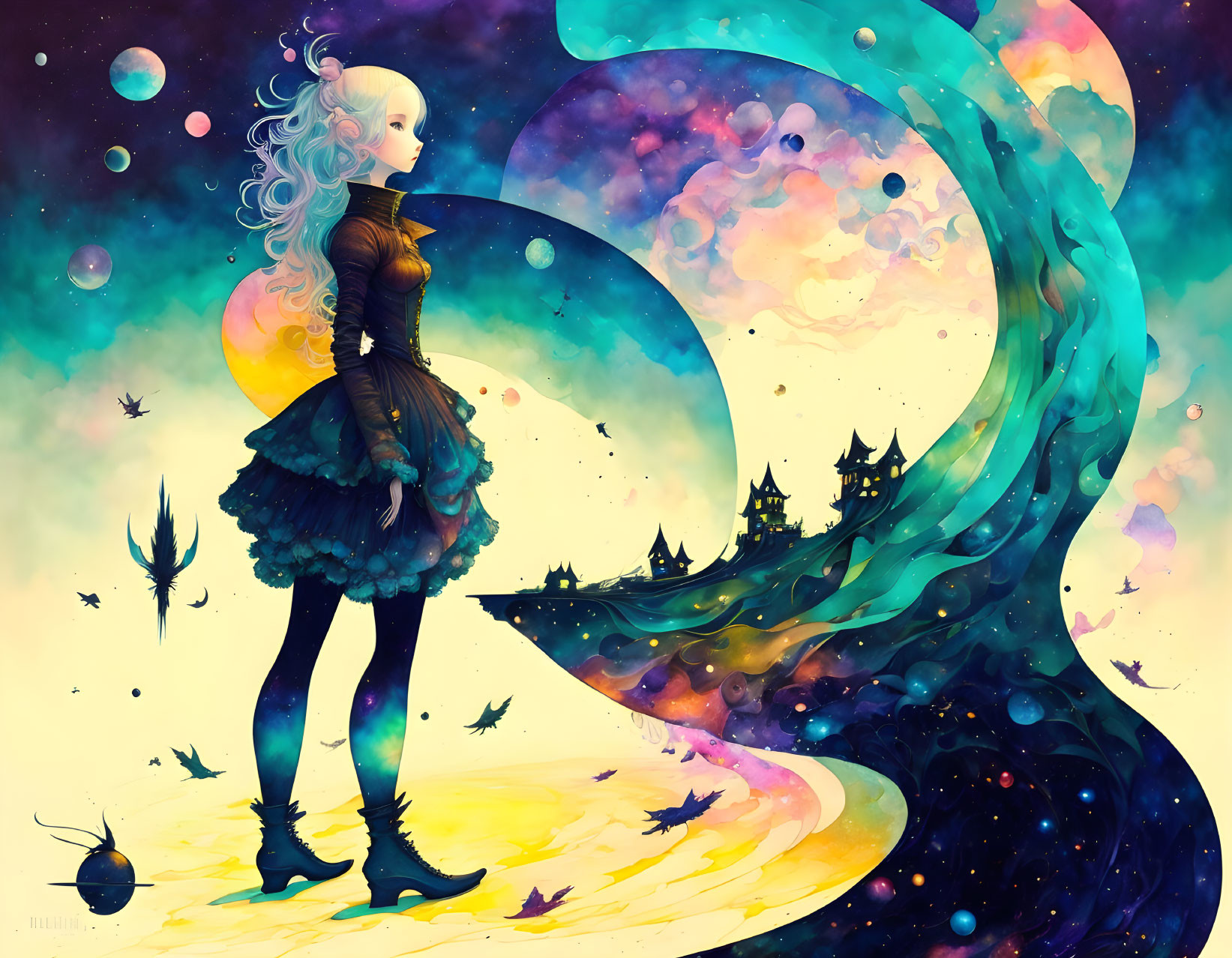 Illustration of girl with silver hair mesmerized by cosmic wave and vibrant colors