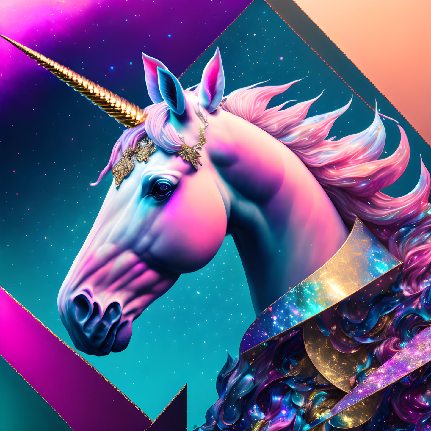 Colorful Unicorn Digital Artwork with Golden Horn and Mane on Geometric Background