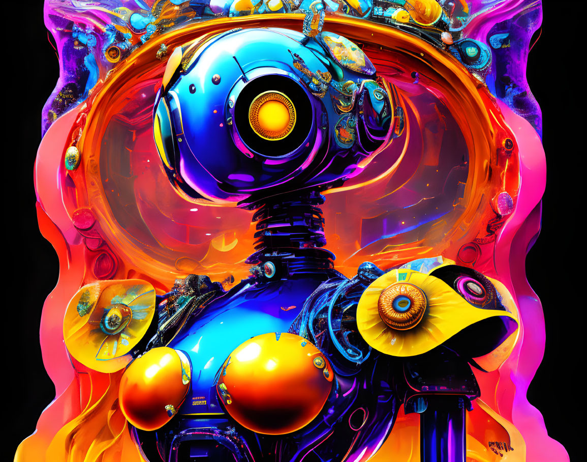 Vibrant surreal robotic figure with large eye-like head in orange and blue hues