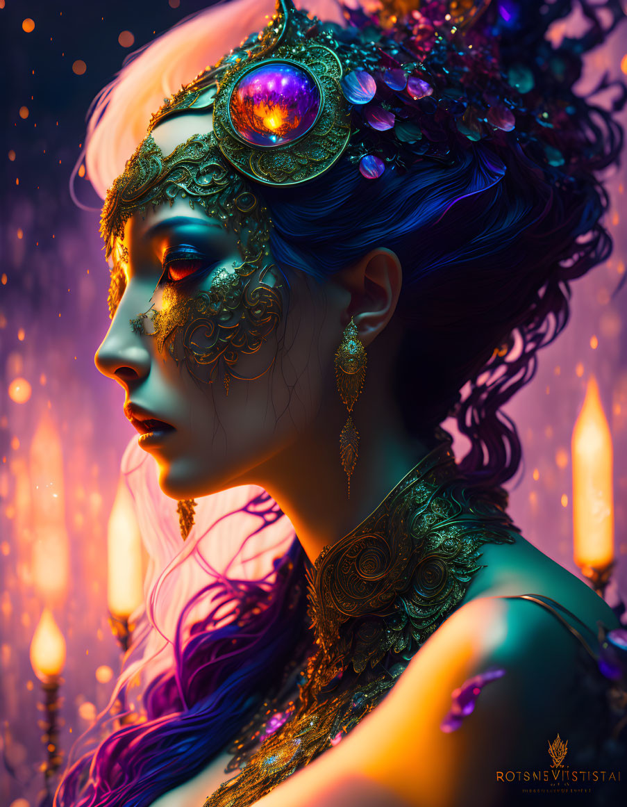 Mystical woman in ornate gold jewelry and glowing gem headdress by candlelight