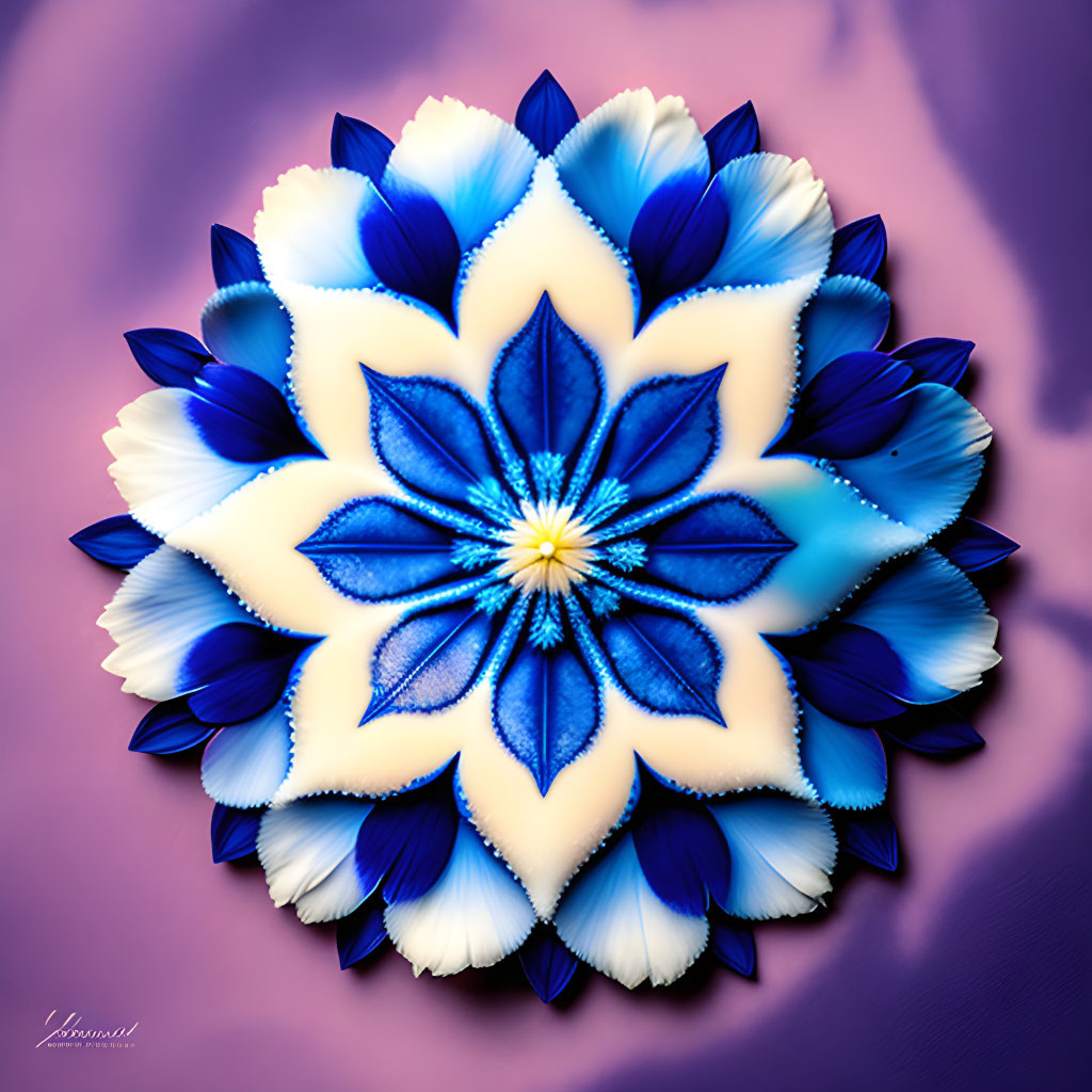 Symmetrical floral digital art with vibrant blue and white petals