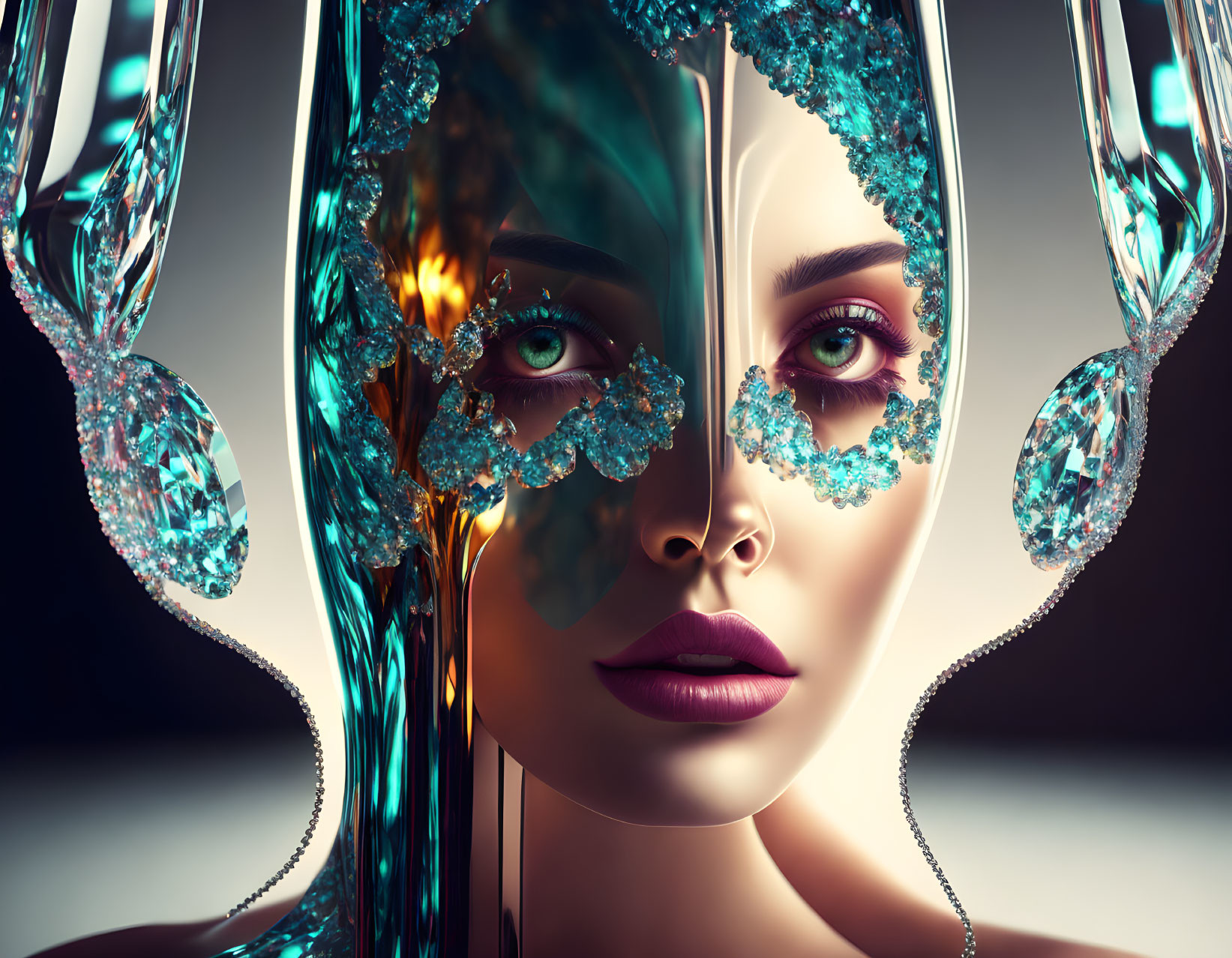 Futuristic female portrait with crystalline eye makeup and metallic skin