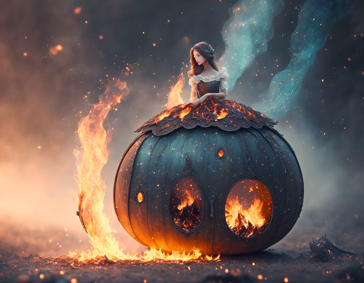 Woman on Giant Fiery Jack-o'-lantern in Fantasy Scene