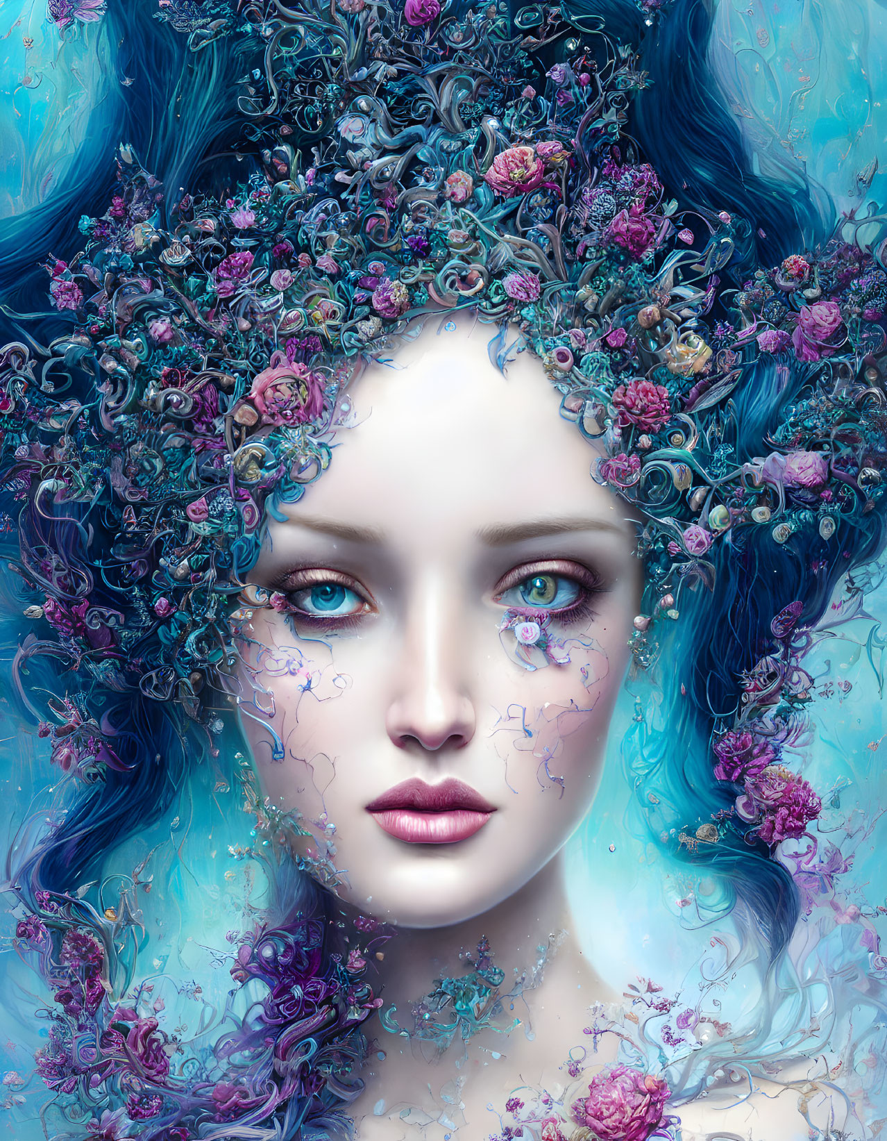 Digital artwork: Female figure with blue floral hair and mystical gaze