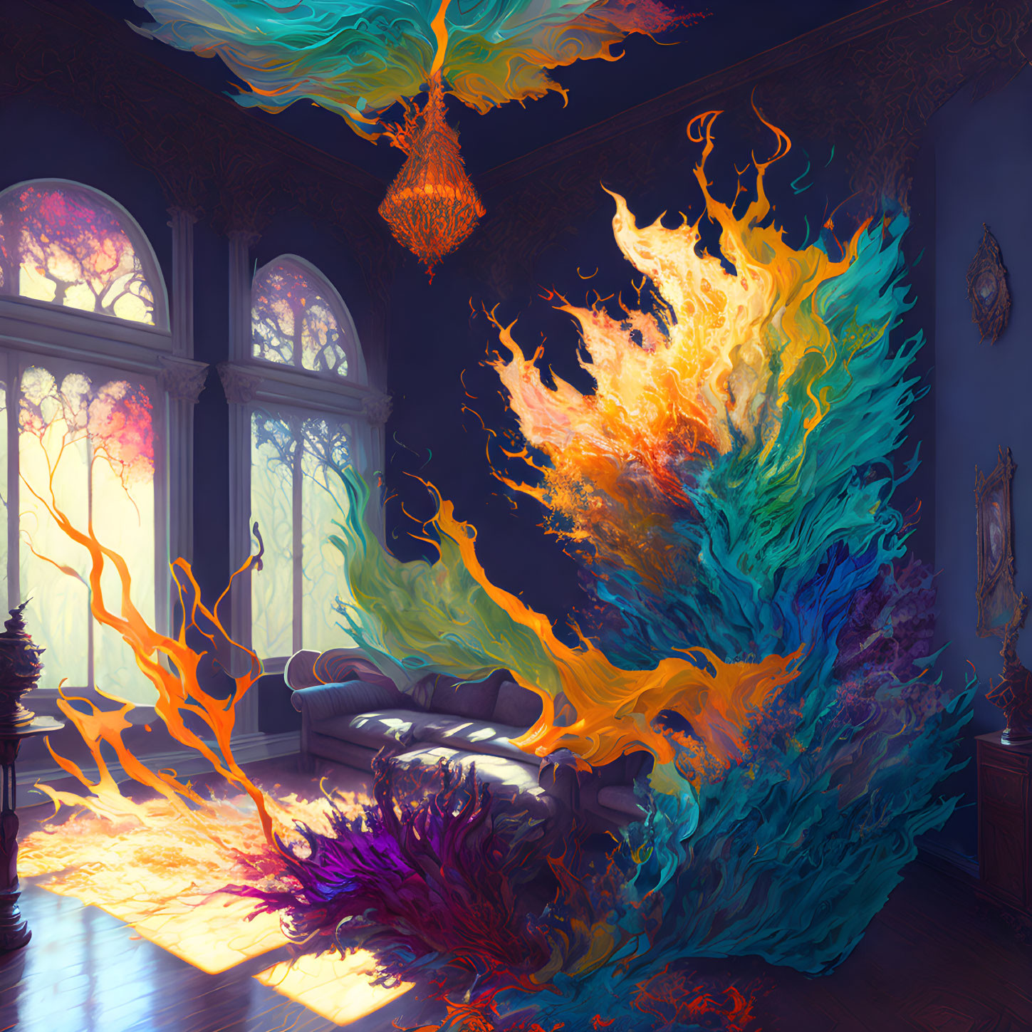 Colorful Flames Erupt in Elegant Interior