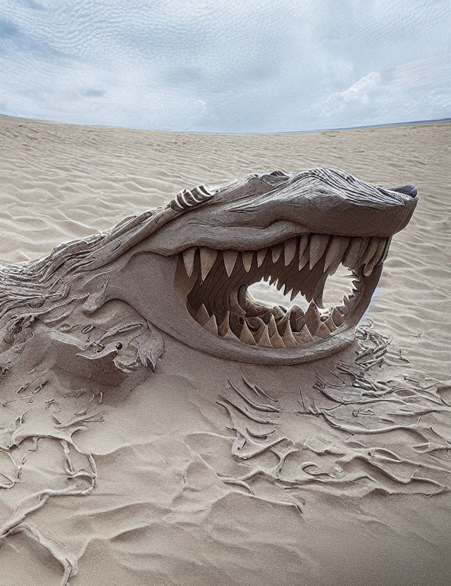 Realistic Crocodile Head Sand Sculpture on Beach