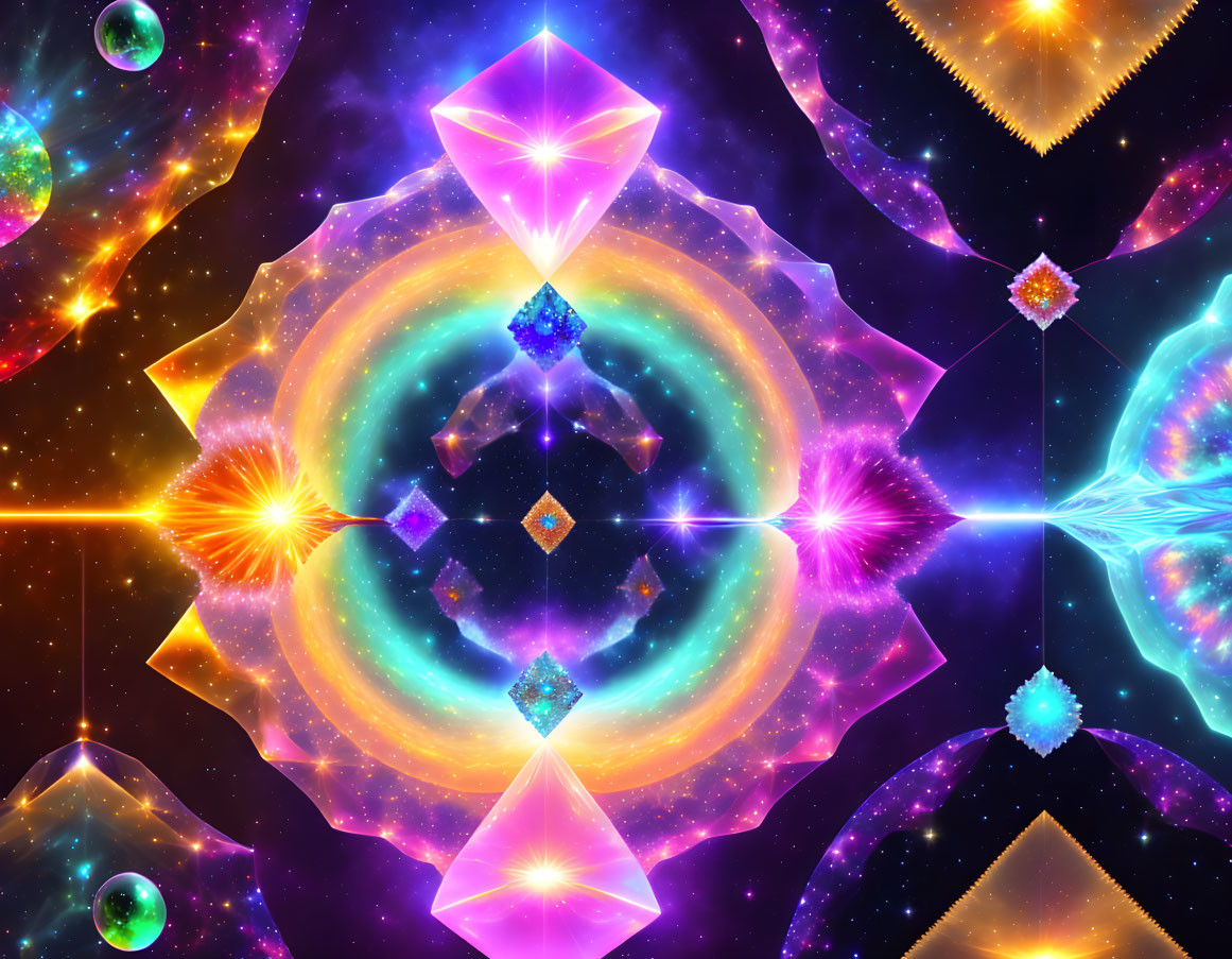 Symmetrical kaleidoscopic digital artwork with neon colors and glowing crystals