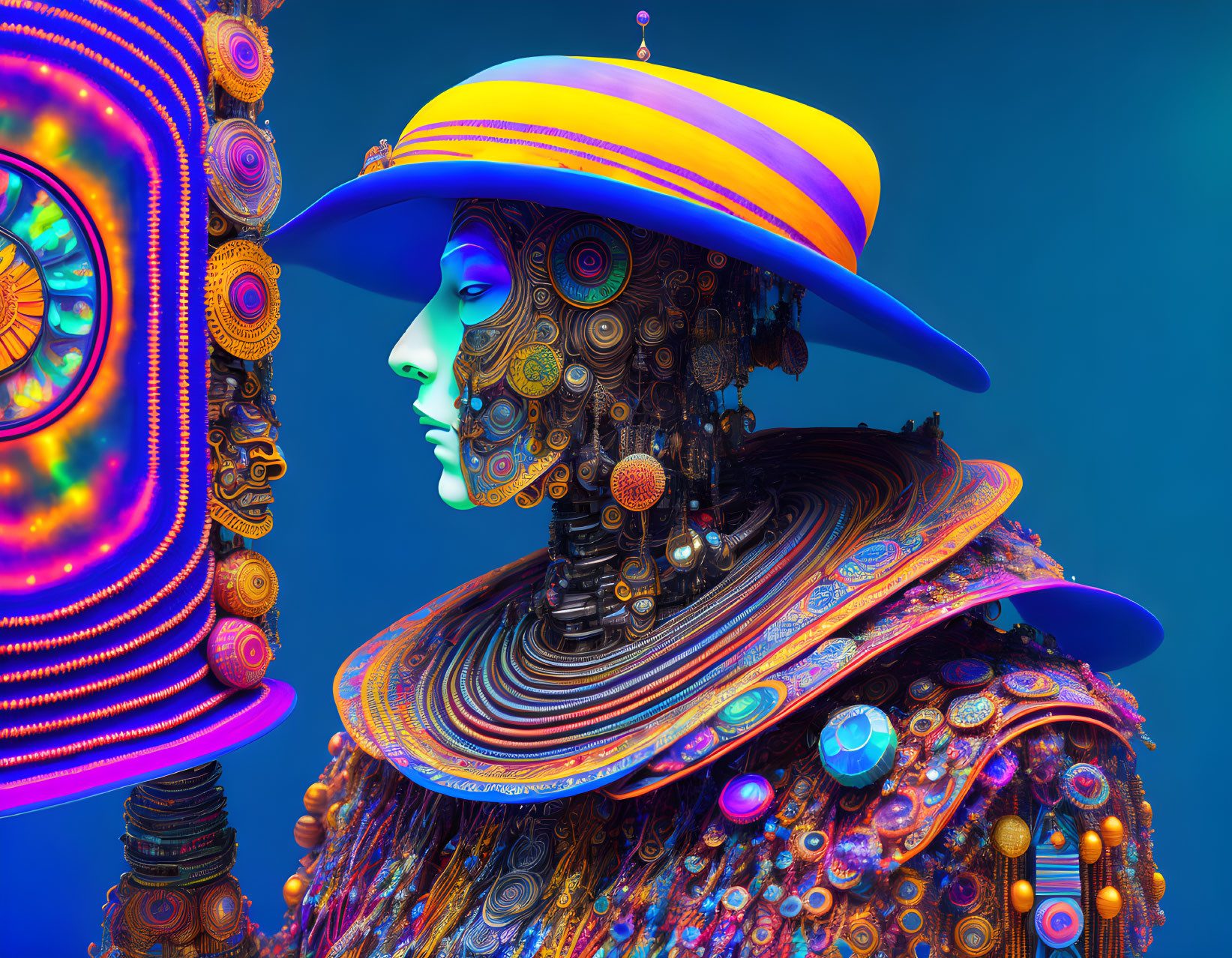 Colorful digital art portrait with mechanical elements on blue background