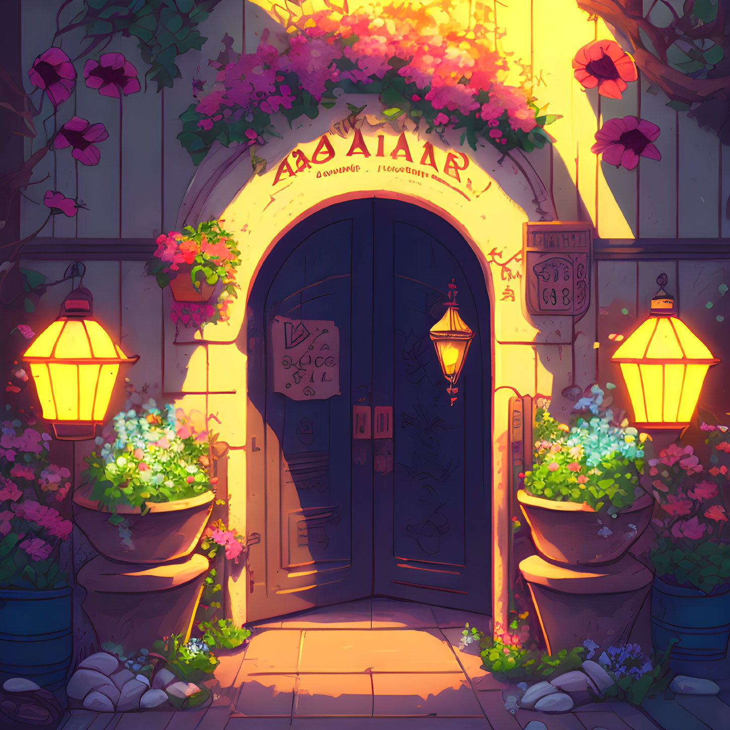 Charming entrance with hanging lanterns and vibrant flowers