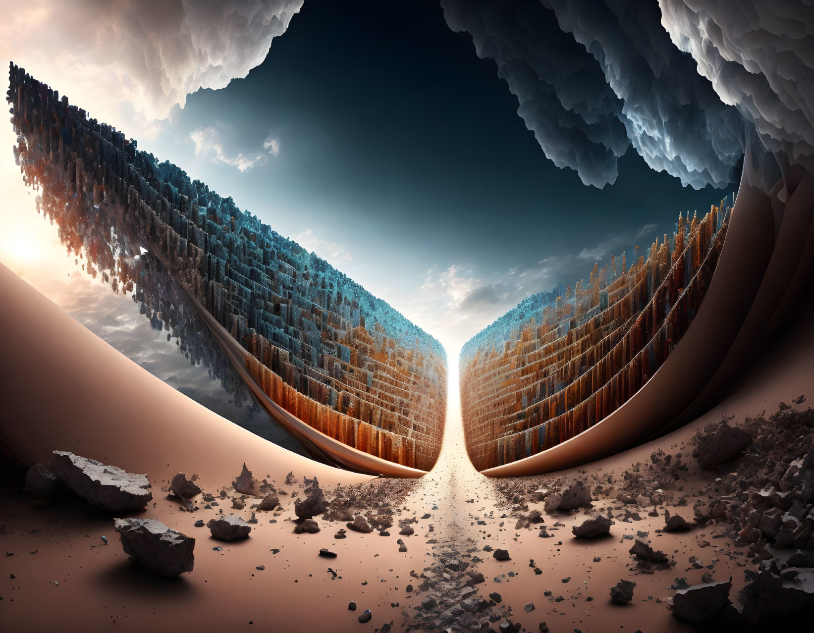 Curved towering cliffs of cubic structures in surreal landscape