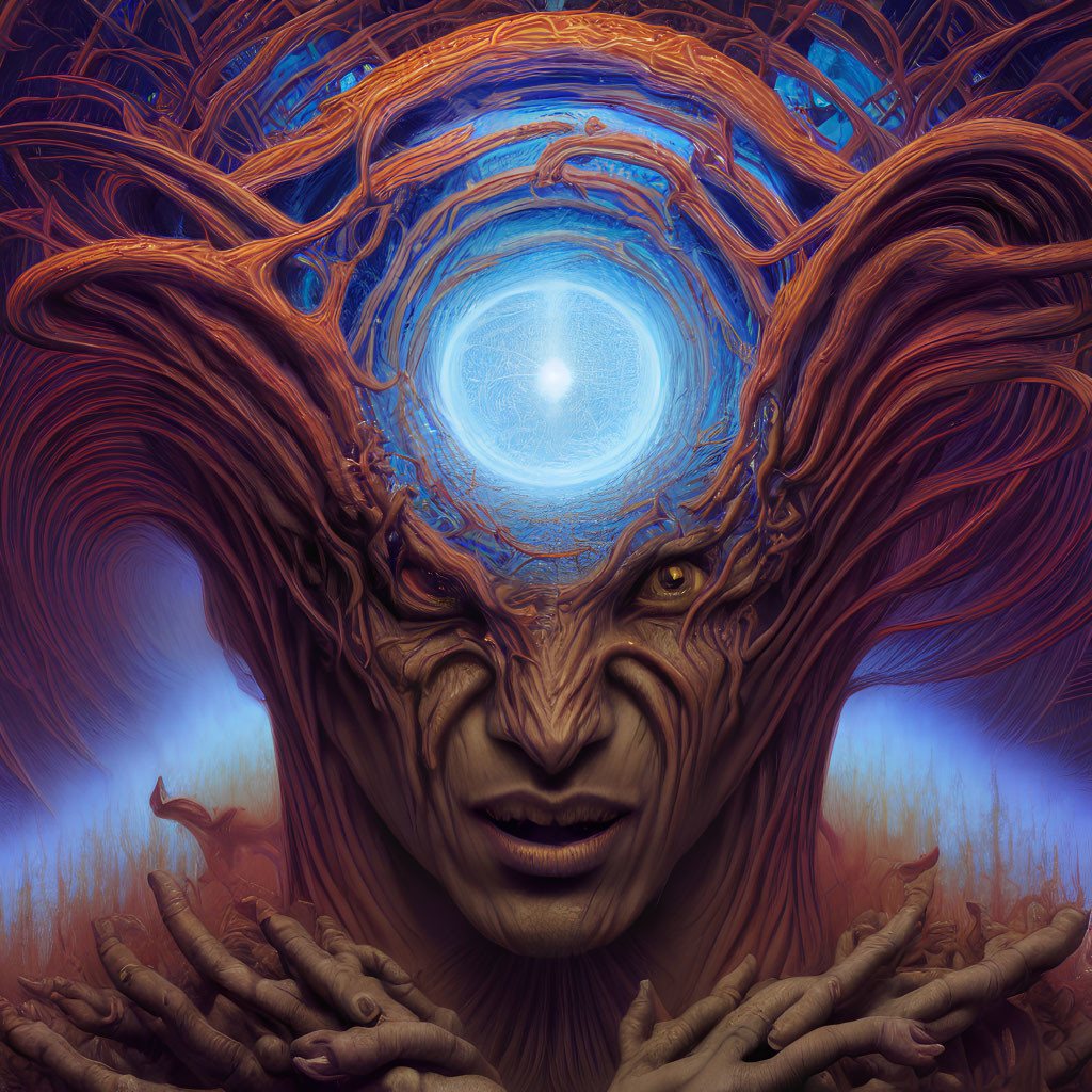 Surreal face with glowing orb, intricate swirling patterns, and reaching hands