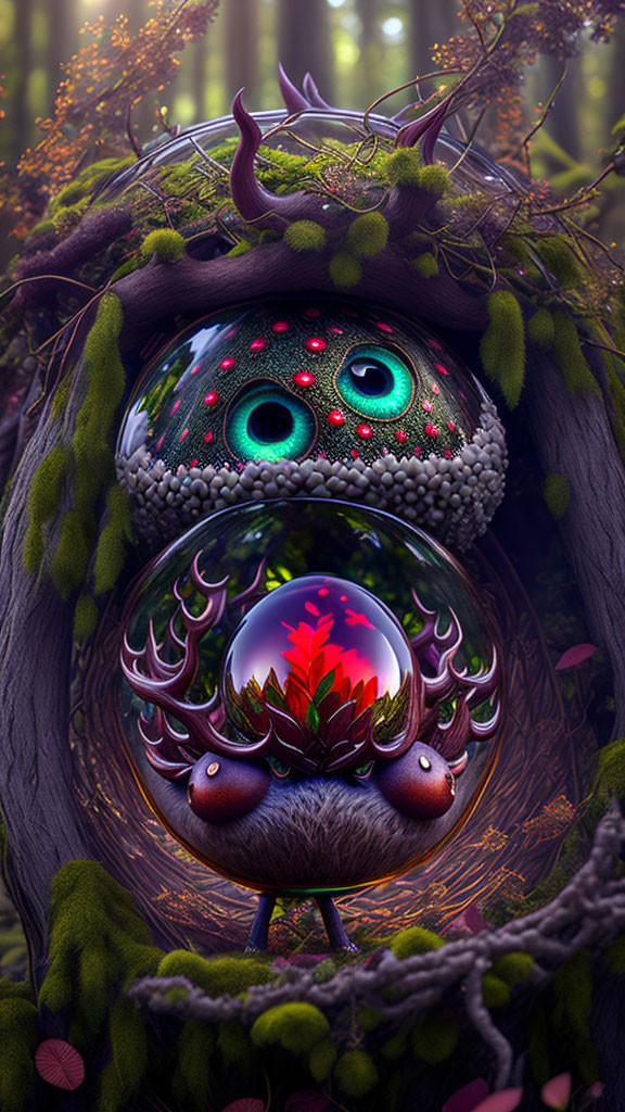 Blue-eyed surreal creature with mossy fur and nest crown in mystical forest.