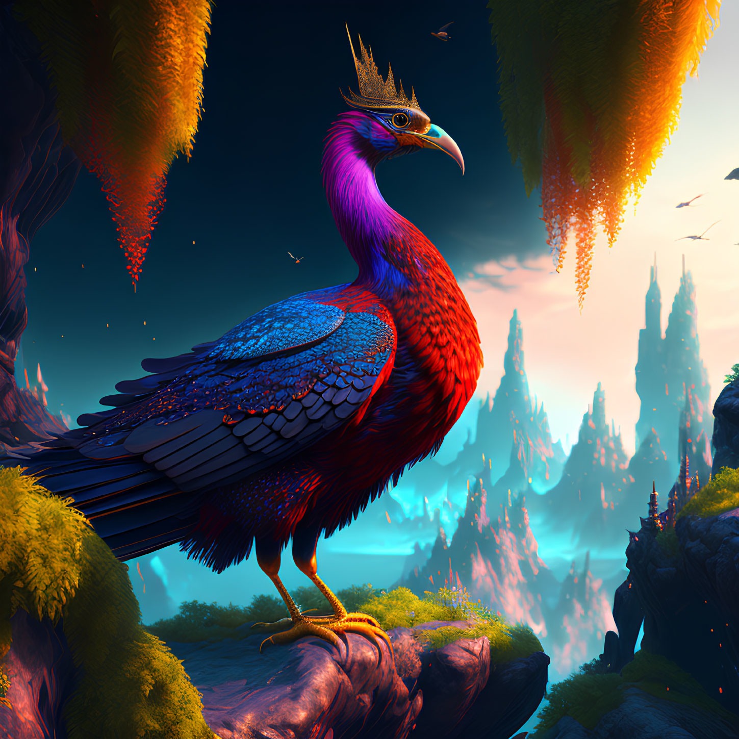 Colorful bird with crown on branch in fantasy landscape with floating islands.