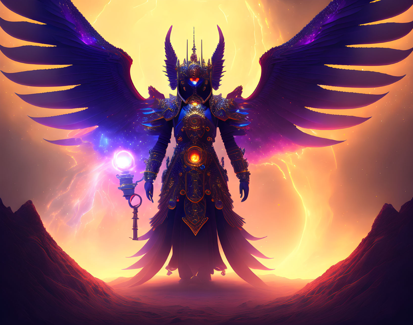 Fantasy figure in ornate armor with wings and scepter in fiery sky landscape