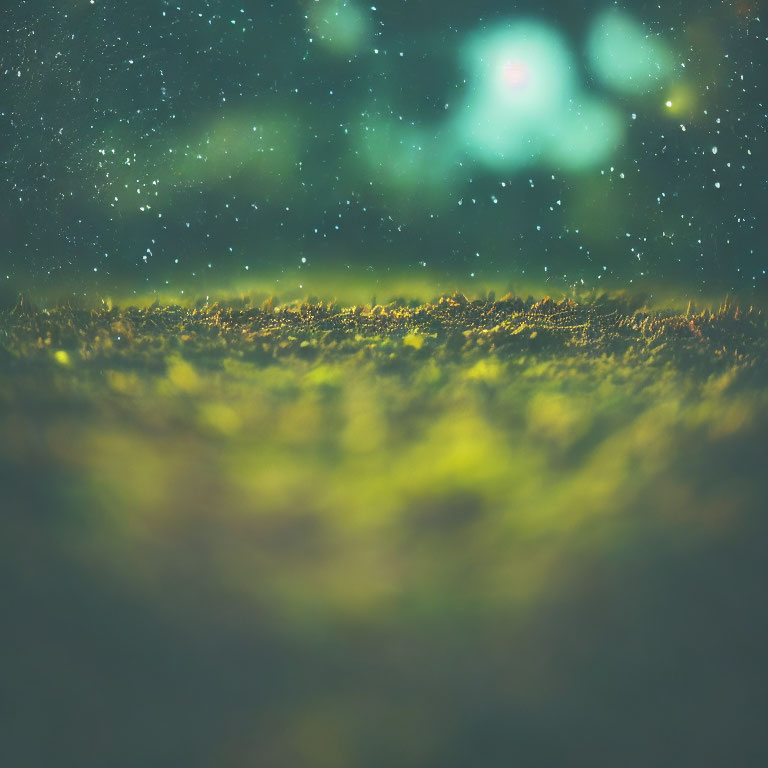 Blurred starry night sky with green bokeh lights and grassy field view