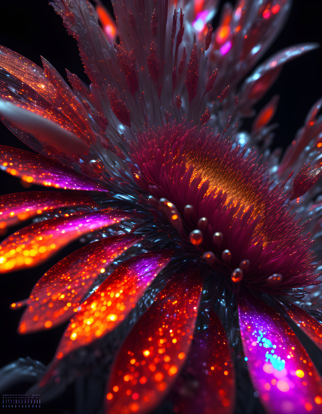 Neon red and purple flower digital artwork with glittering droplets