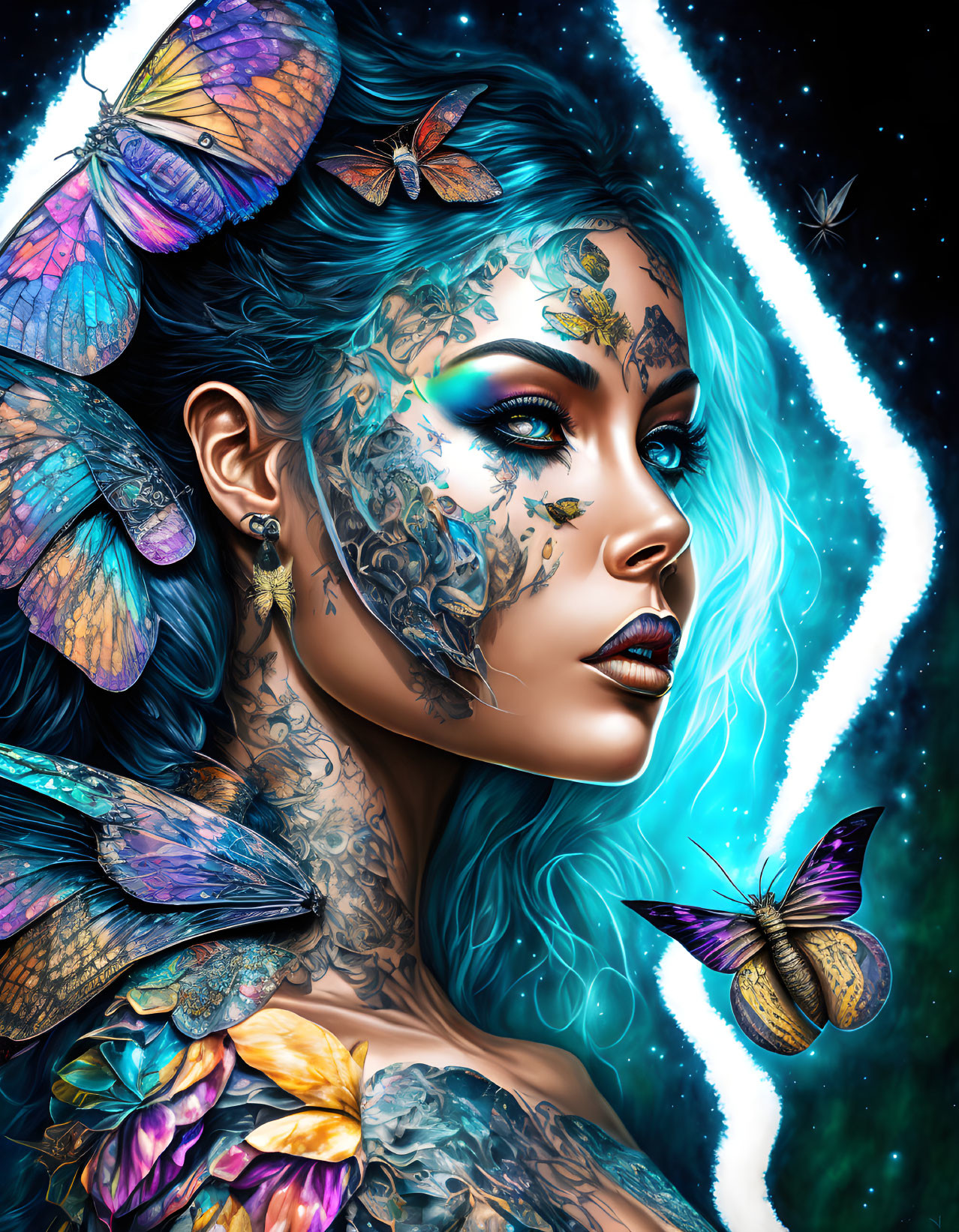 Colorful digital portrait of woman with blue hair, tattoos, butterflies, and celestial glow