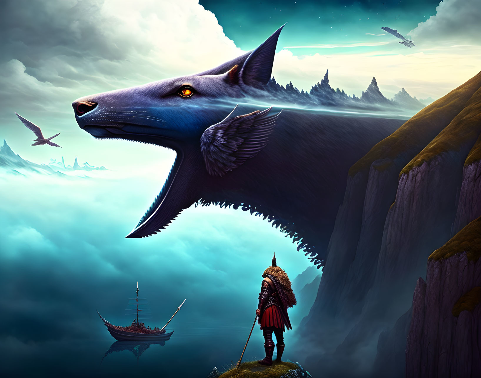 Warrior overlooking flying wolf and ships in dramatic fantasy scene