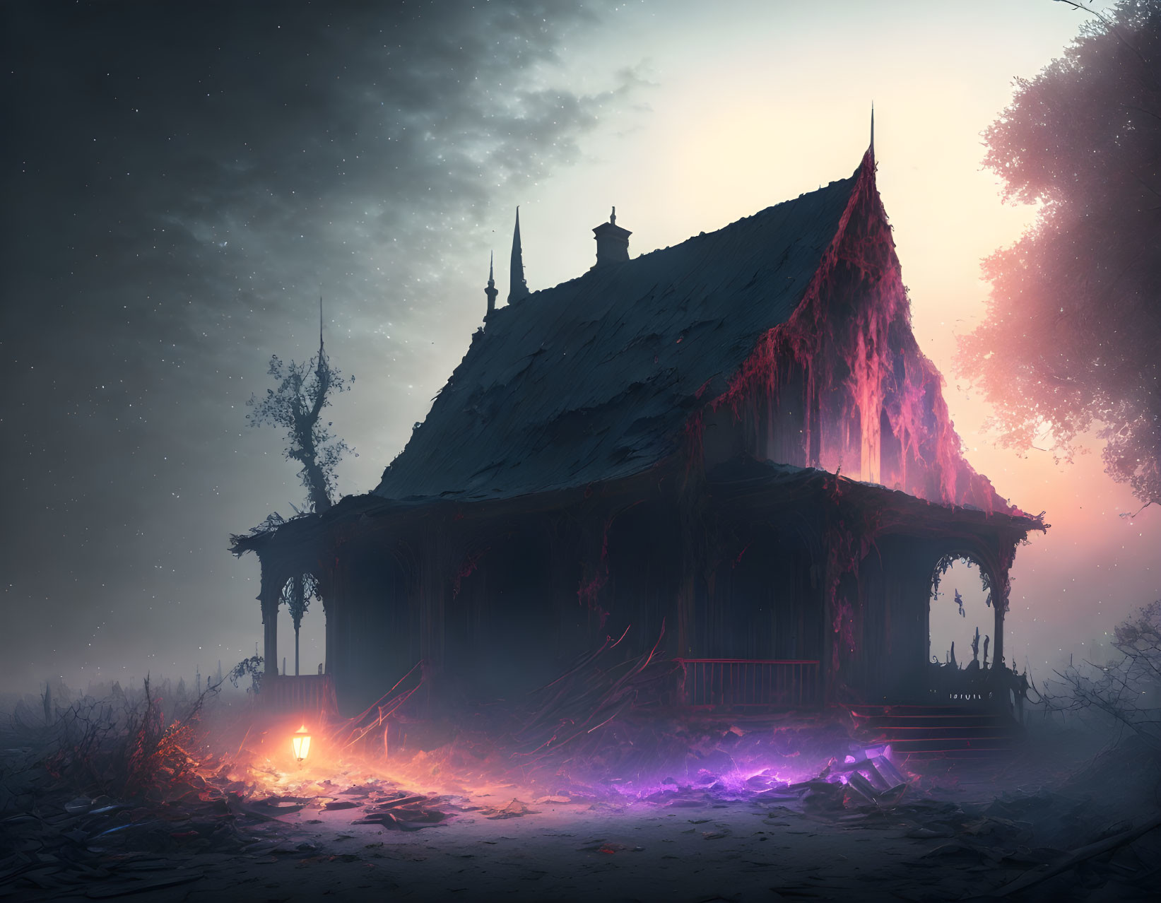 Desolate abandoned house with glowing purple lights at night