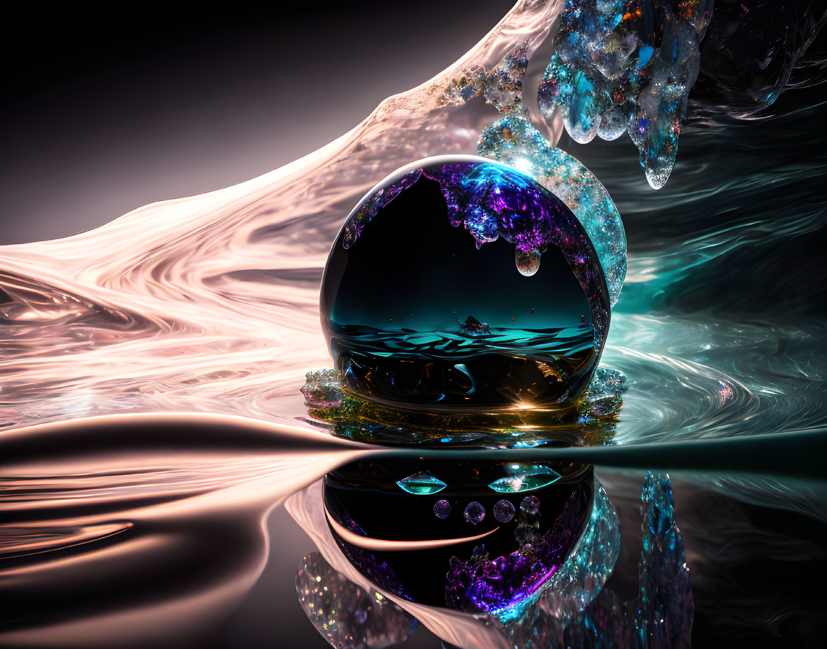 Abstract image: Glossy sphere with iridescent liquid forms in surreal setting