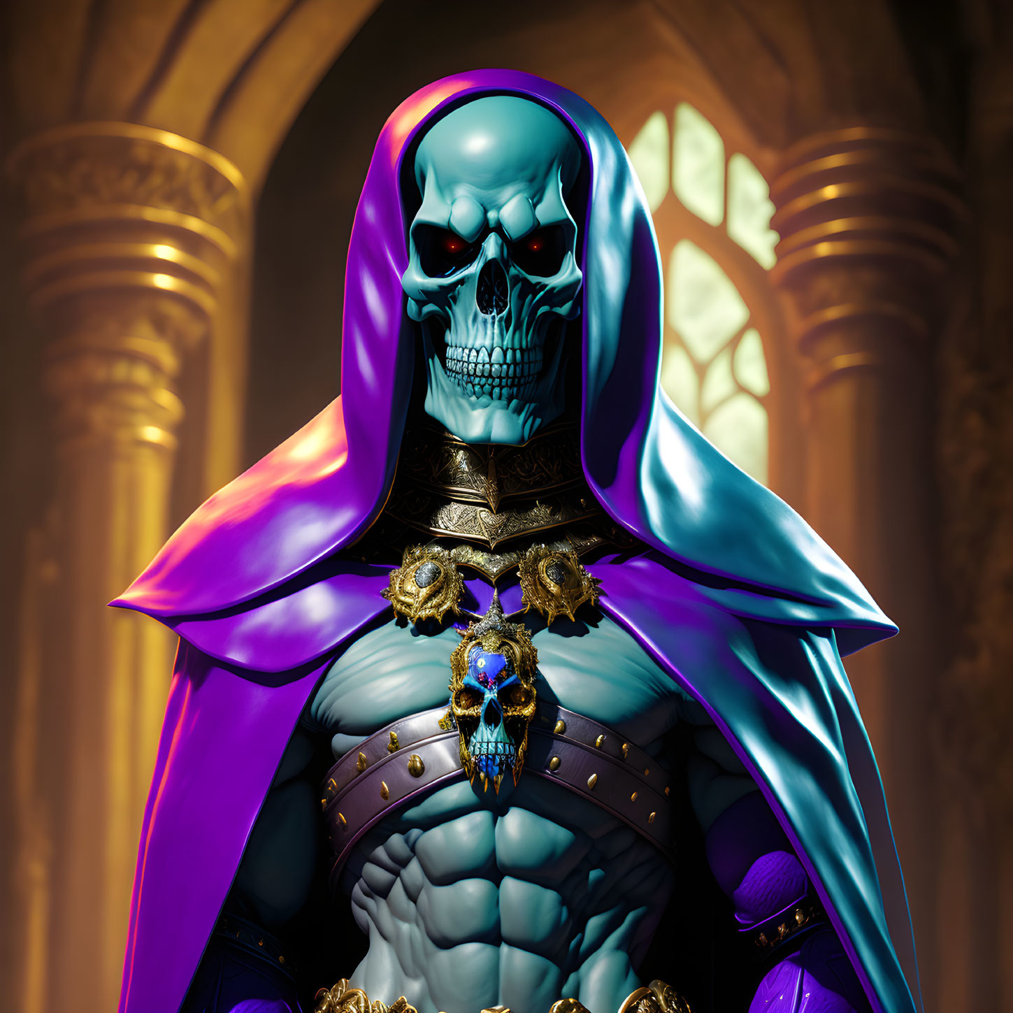 Sinister blue skeleton in purple cloak and armor in gothic cathedral