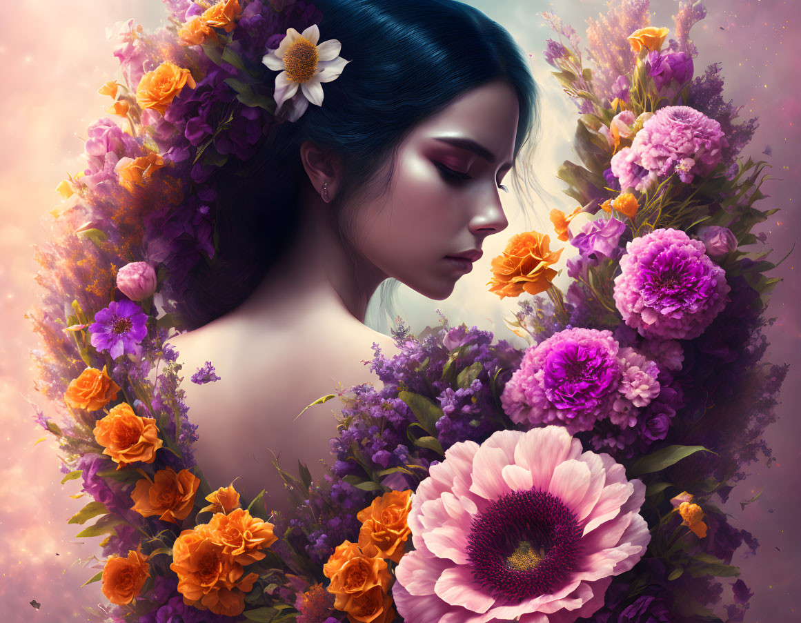 Serene woman surrounded by purple and orange flowers in dreamy setting