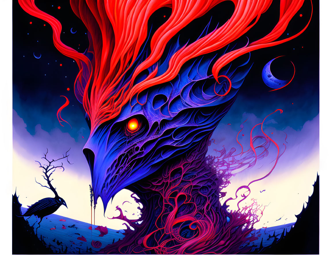 Fantastical bird with red plumage and blue patterns in night sky.