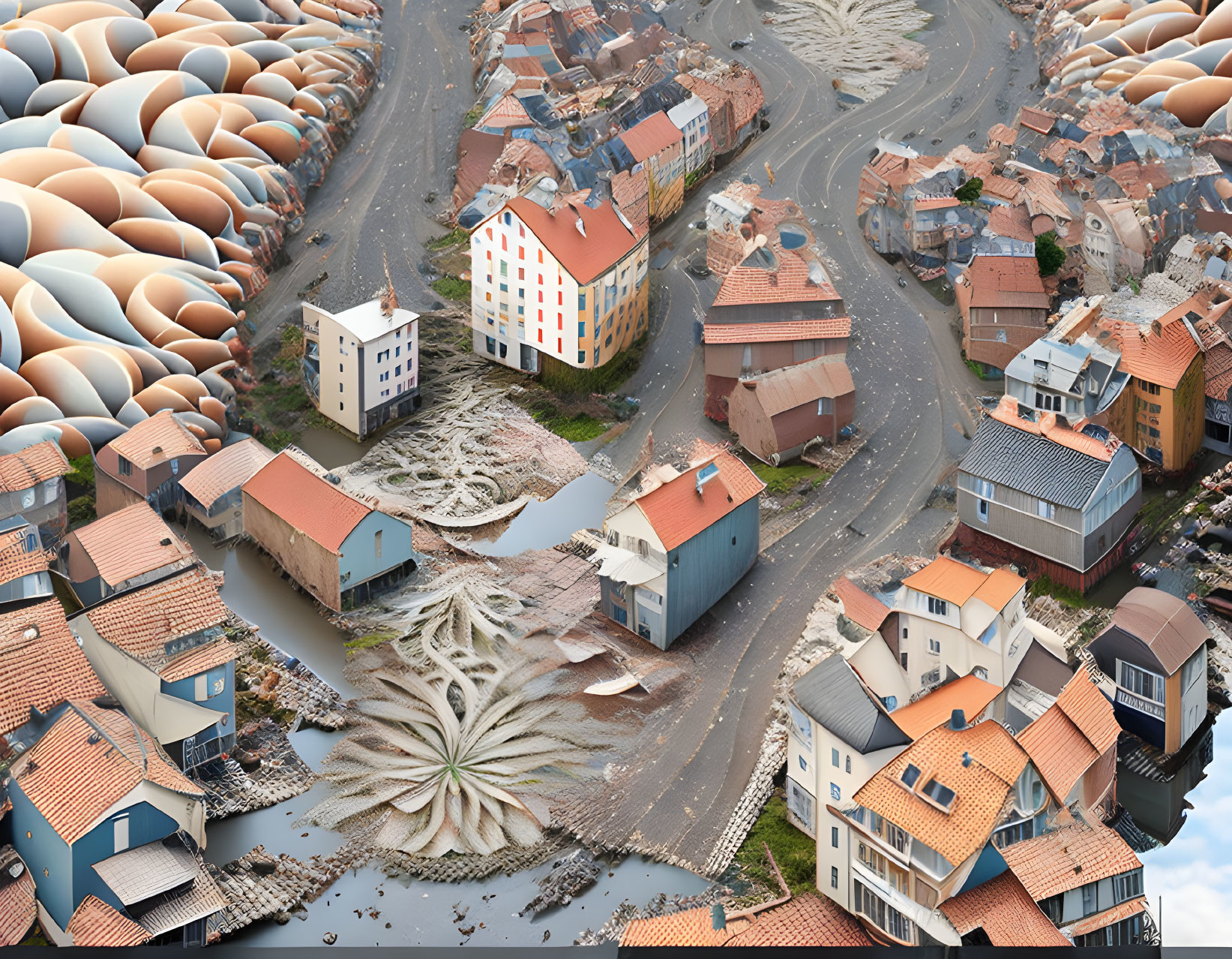 Composite surreal image: Neighborhood elements blend into bizarre sand landscape