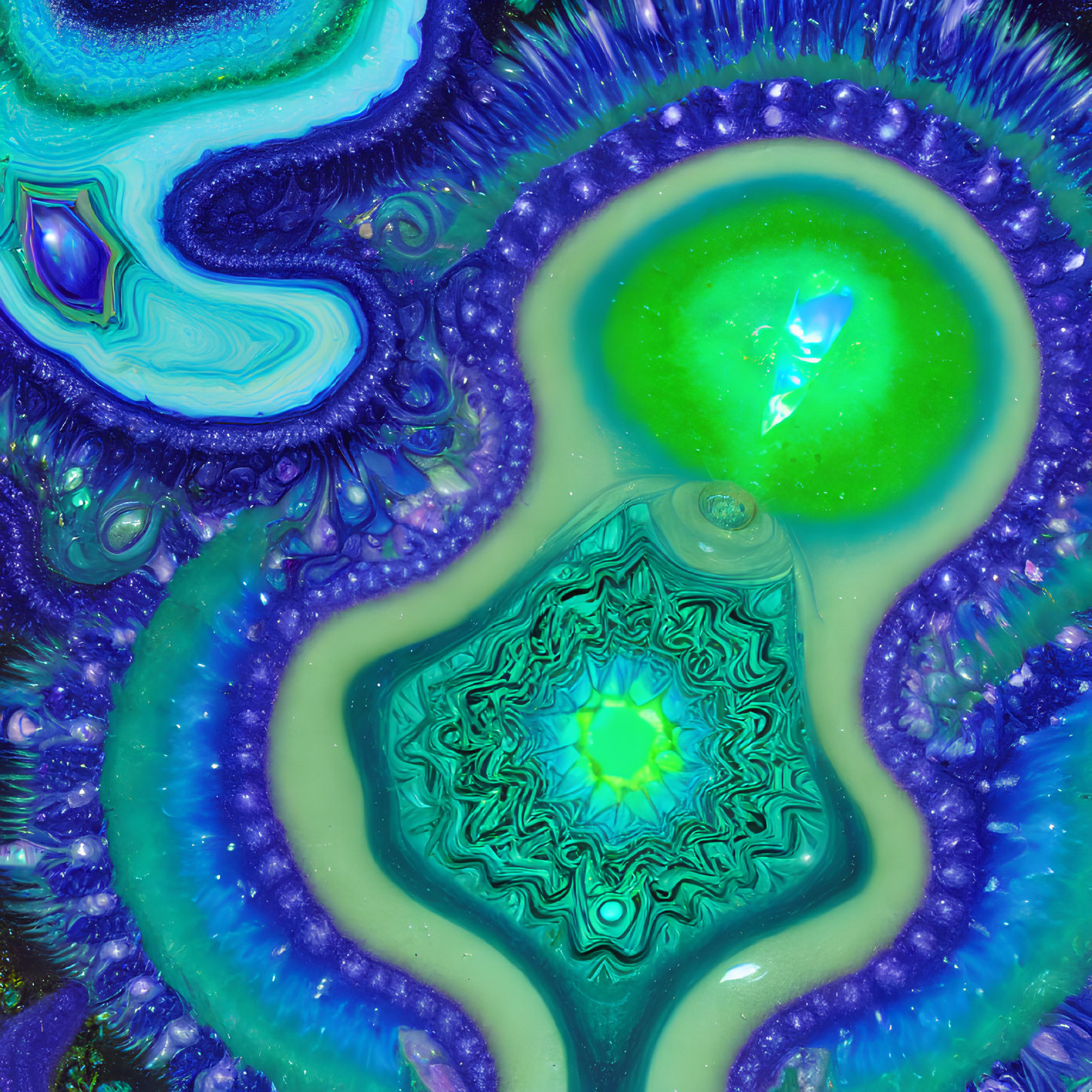 Vibrant Blue and Green Fractal Art with Psychedelic Patterns